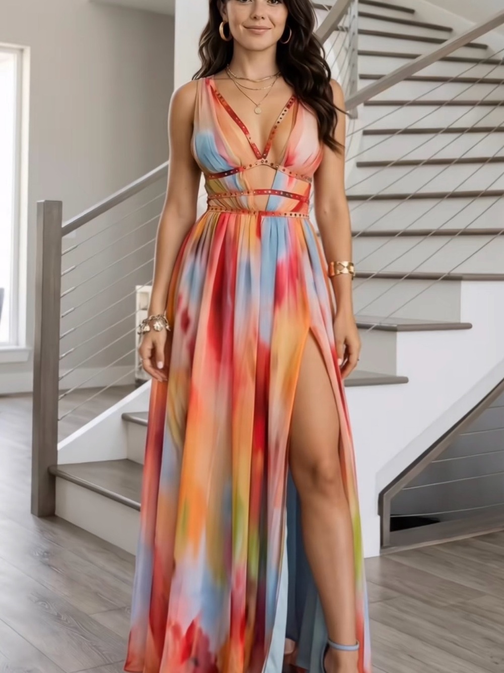 Color-Blend V-Neck Maxi Dress with High Slit L